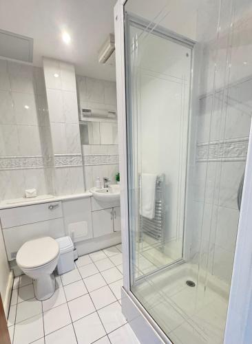 a bathroom with a shower and a toilet and a sink at Modern 2 Bedroom 2 Bathroom City Apartment Free Parking in Newcastle upon Tyne