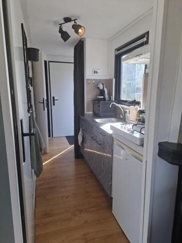 a kitchen with a sink and a counter top at Sfeervol Chalet - Gelegen In bosrijkgebied van Drenthe - Rust en Natuur in Eext