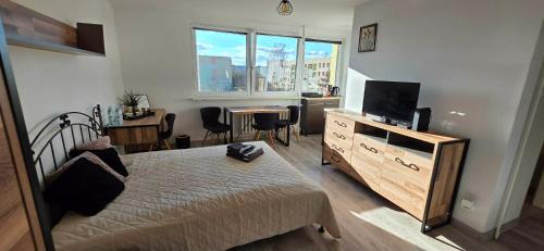 ein Schlafzimmer mit Bett, Fernseher und Schreibtisch in der Unterkunft Zakątek w Centrum Suwałk in Suwałki