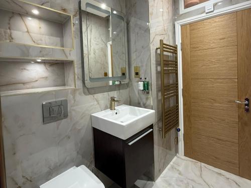 a bathroom with a sink and a toilet and a mirror at Stockwell Residences - The Eclipse Room in London