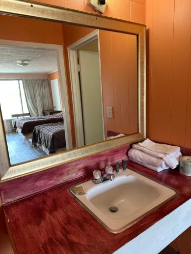 a bathroom with a sink and a large mirror at Budget Motel in Hamer