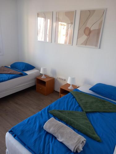 a bedroom with two beds with blue sheets and mirrors at Fasor Apartman in Kaposvár