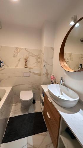 a bathroom with a sink and a toilet and a mirror at Warm Apartment 1 in Bucharest