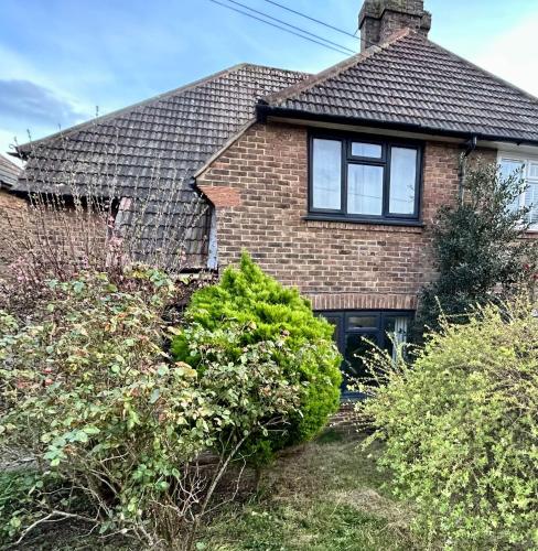 a brick house with a window and bushes at Bright 3 bed House,FREE parking,Garden,nr seafront in Brighton & Hove