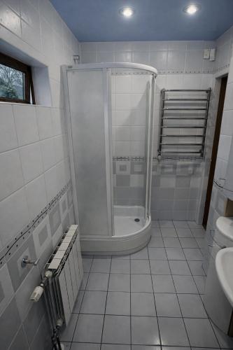 a white bathroom with a shower and a sink at Cottage Smerekovyi in Skole
