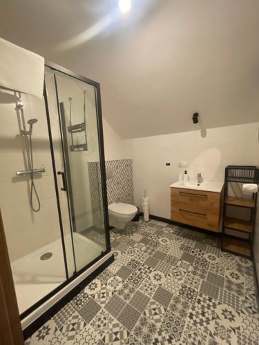 a bathroom with a shower and a toilet and a sink at Przystanek Karpacz in Karpacz