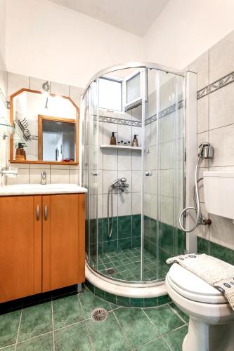 a bathroom with a shower and a toilet at Aquarius View in Archipolis