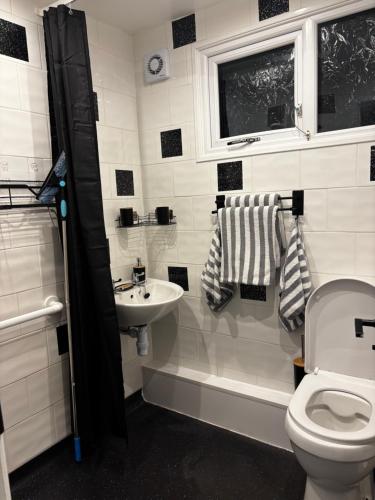a bathroom with a toilet and a sink at Blackamores chalet in Mablethorpe