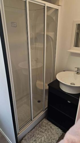 a bathroom with a shower and a sink at 16 farmfield in Skipsea
