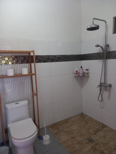 a bathroom with a toilet and a shower at Fare Te Ava Iti in Teahupoo