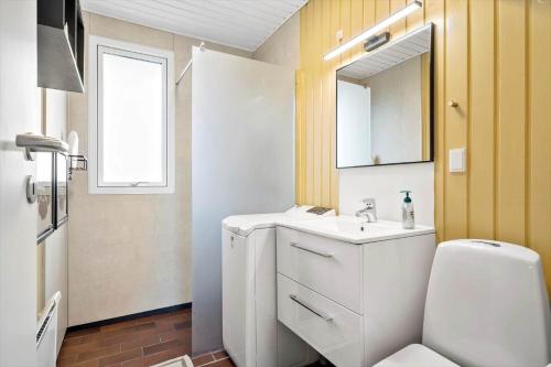a bathroom with a toilet and a sink and a mirror at 278-Ringkobing-Fladsbjergvej-54 in Klegod