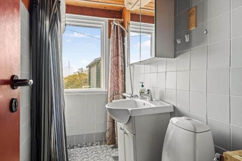a bathroom with a sink and a toilet and a window at 201-Ringkobing-Fladsbjergvej-234 in Klegod