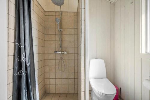 a bathroom with a shower with a toilet in it at 120-Ringkobing-Sletten-15 in Søndervig
