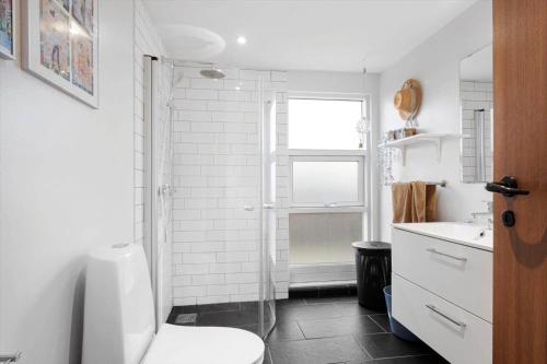 a bathroom with a shower and a toilet and a sink at FY403-Asperup-Eskelundsvaenget-1 in Båring