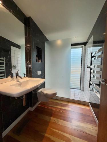 a bathroom with a sink and a toilet and a shower at Raumati Sunsets in Raumati Beach