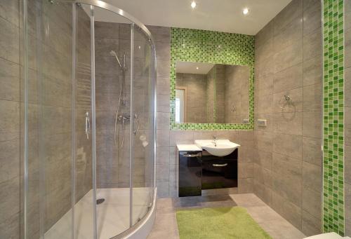 uma casa de banho com um chuveiro, um lavatório e um espelho. em Apartament Glamour DeLux 53m - blisko szlaków em Karpacz