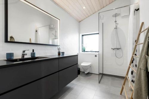 a bathroom with a sink and a toilet and a mirror at 84213-Ebeltoft-Lokevej-8 in Ebeltoft