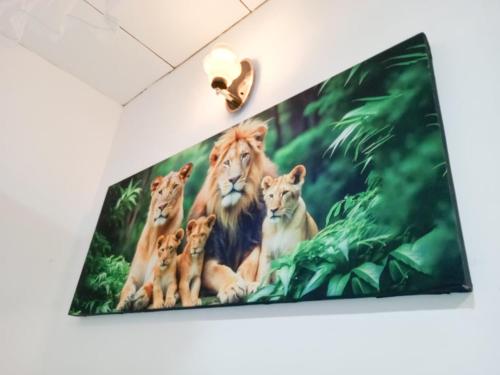a painting of four lions on a wall at Vintage rooms in Dickwella