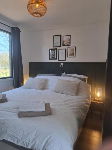 a large white bed in a bedroom with a window at Sfeervol Chalet - Gelegen In bosrijkgebied van Drenthe - Rust en Natuur in Eext