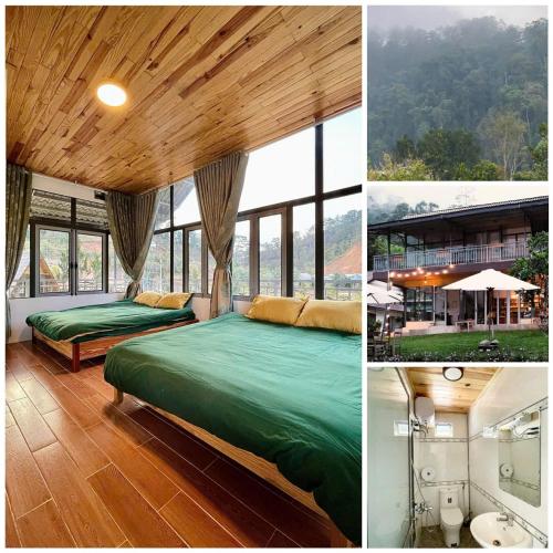 a collage of pictures of a bedroom with two beds at Đồi Lát Homestay in Da Lat