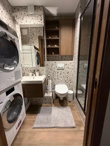 a small bathroom with a sink and a washing machine at Cozy Stay Marijampolė in Marijampolė