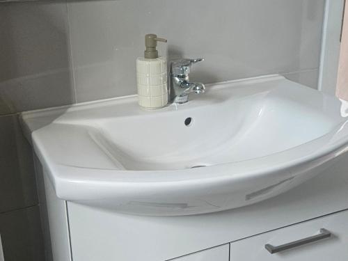 a white bathroom sink with a soap dispenser on it at Guest house Ivo in Donji Humac