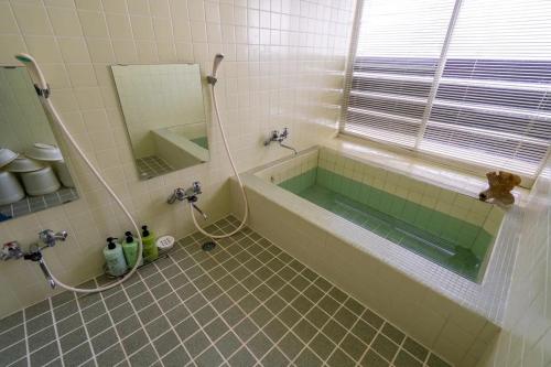 a bathroom with a bath tub with a mirror at ray of hakuba 白馬の輝き in Hakuba