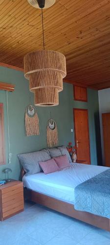 a bedroom with a bed and a wooden ceiling at Eden's Garden Kalamitsi in Kalamitsi