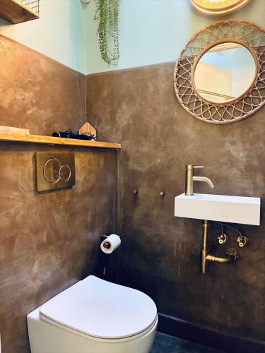a bathroom with a toilet and a sink and a mirror at 1645-Graested-Udsholt-Strandvej-101 in Græsted