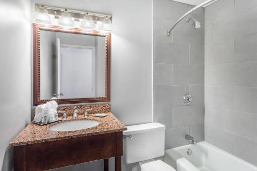 a bathroom with a sink and a toilet and a mirror at Wyndham Garden Greensboro in Greensboro