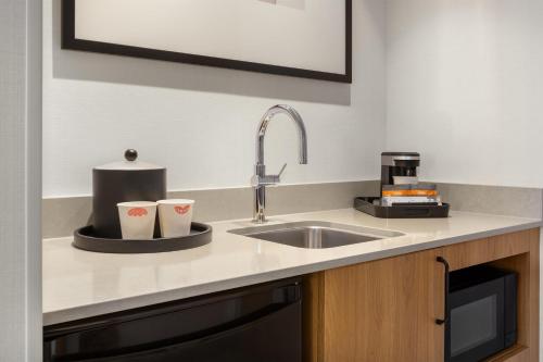 a kitchen with a sink with two cups on a tray at Hampton Inn & Suites by Hilton Langley-Surrey in Surrey