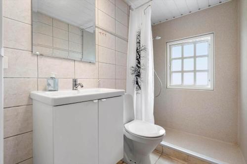 a bathroom with a toilet and a sink and a window at 80182-Vemb-Ogelstrupvej-4 in Vemb