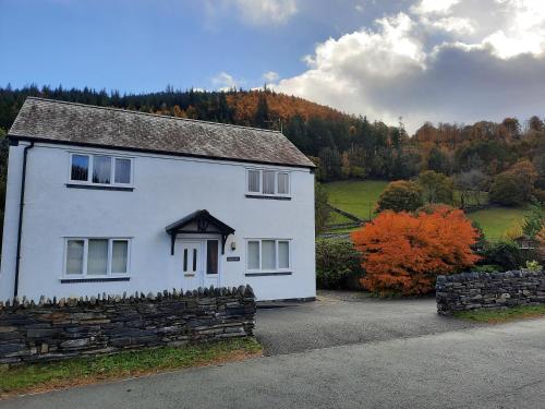 a white house with a stone wall next to a road at Hendre Wen luxury cottage in Betws y Coed in Betws-y-coed