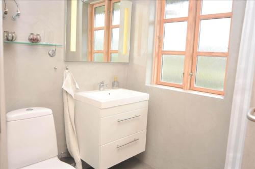 a bathroom with a sink and a toilet and a mirror at 80011-Vemb-Harpotvej-84 in Vemb