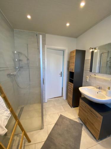 a bathroom with a glass shower and a sink at Ferienwohnung Neumann in Lentföhrden