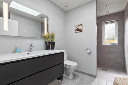 a bathroom with a sink and a toilet and a mirror at K20039-Kalundborg-Engholmen-1 in Kalundborg