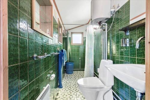 a green tiled bathroom with a toilet and a sink at K20061-Gorlev-Eranthisvej-7 in Gørlev