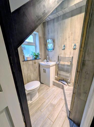 a bathroom with a toilet and a sink at White Pebbles Appartment in Ilfracombe