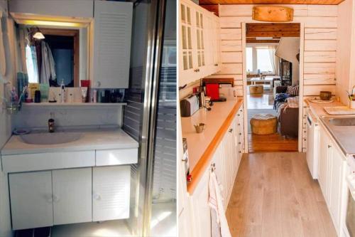 two pictures of a kitchen with white cabinets and a sink at STO703-Graeddoe-Maroe-77 in Gräddö