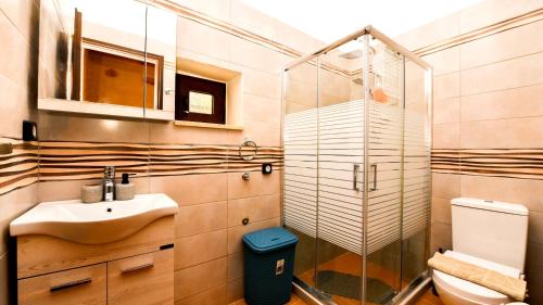 a bathroom with a sink and a shower at Villa Andrianna in Frés