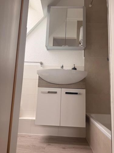 a bathroom with a white sink and a mirror at Yunis Landhaus in Grömitz