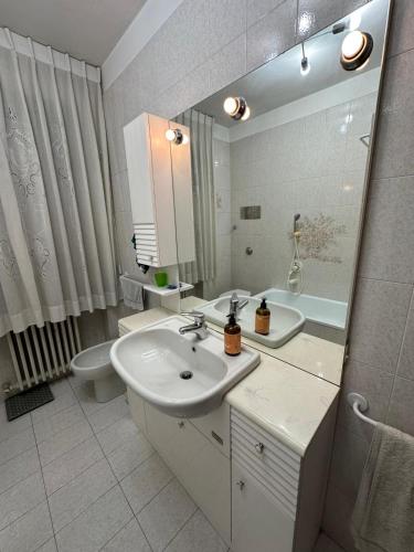 a bathroom with a sink and a toilet and a mirror at Calvi's Center Home in Auronzo di Cadore