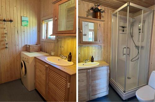 a bathroom with a sink and a shower and a toilet at 20613-Samso-Halemejsevej-8 in Nordby