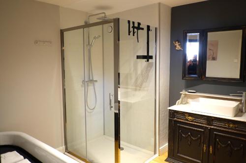 a bathroom with a glass shower with a sink at Au Petit Bercail - Le Loft - Gite pour 4 personnes in Chiny