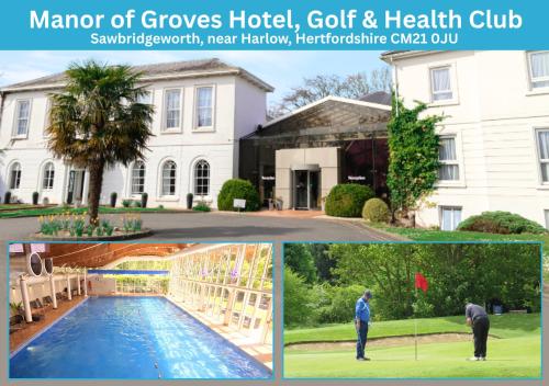 a collage of photos of a house and a swimming pool at Manor Of Groves Hotel, Golf & Health Club in Sawbridgeworth