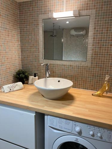 a bathroom with a sink and a washing machine at Ou Souleou appartement 3 étoiles dans villa Spa béton jardin vue mer et colline in Bormes-les-Mimosas