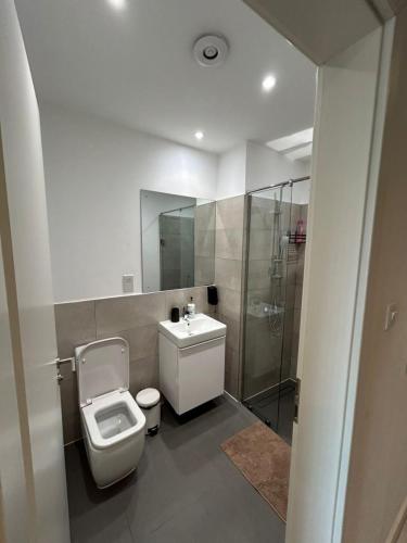 a bathroom with a toilet and a sink and a shower at LoxwoodStudio by UniqueView in Accra