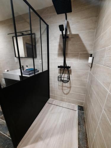 a bathroom with a shower with a sink and a mirror at La Grange de Lilou in Aiffres