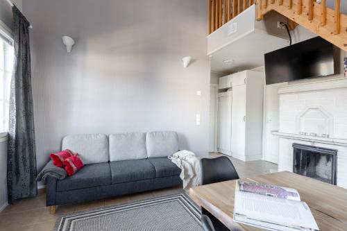 a living room with a couch and a table at Villa Magnolia 1 Himos in Jämsä