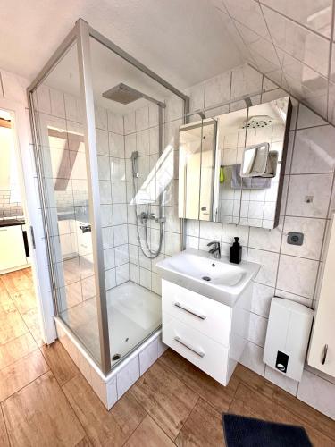 a bathroom with a shower and a sink at Appartement Sonnenschein in Hüllhorst